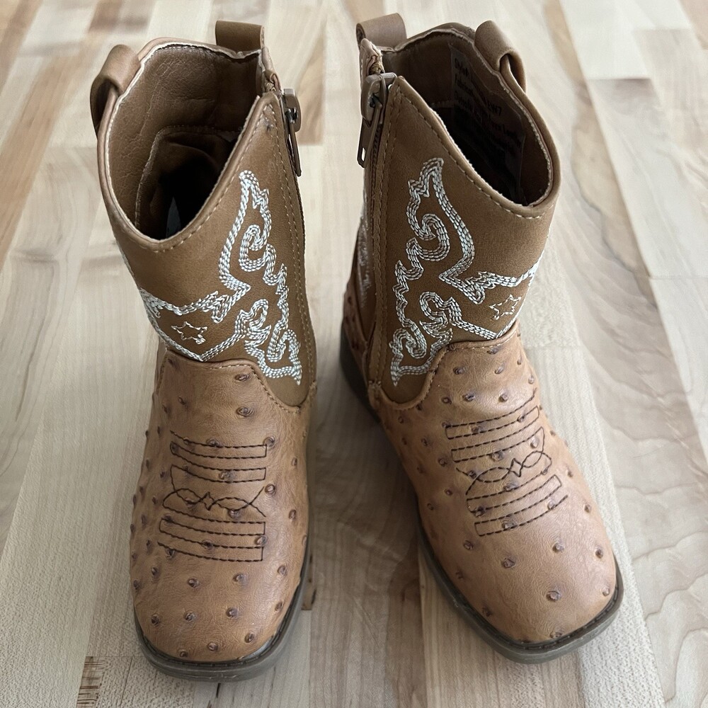 Paws Cowboy Boots Western Embroidered Side Zip Brown Faux Leather Toddler Size 7